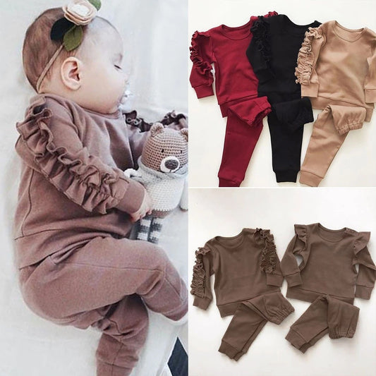 Newborn Ruffle Long-Sleeve 2-Piece Outfit – Top & Pants Set for Fall